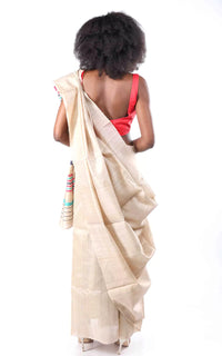 Thumbnail for Handloom Pure Tussar Silk Stripe Pallu Saree