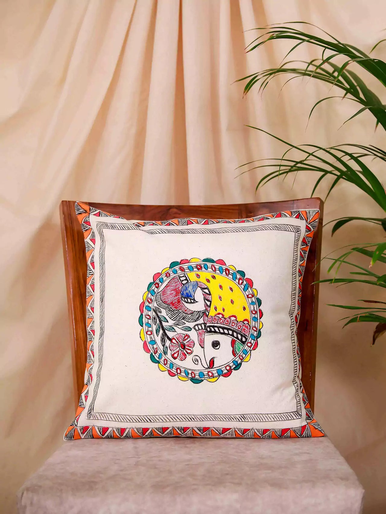 Hand Painted Self Design Fish Motif Madhubani Cushion Cover