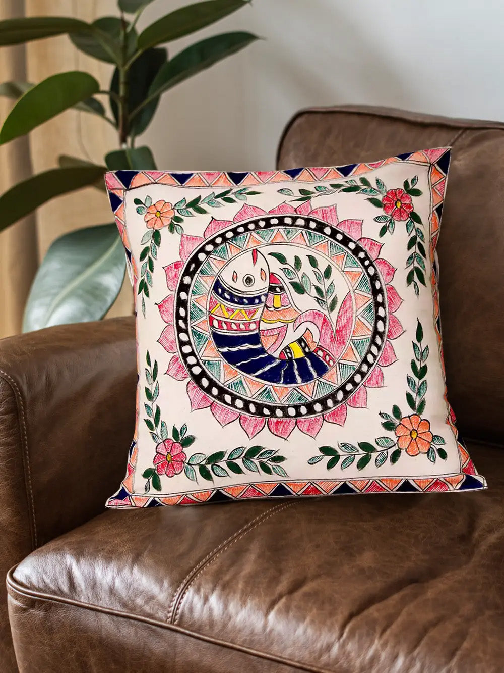 16x16 Madhubani Hand Painted Fish Motive Cushion Cover Pack Of 2