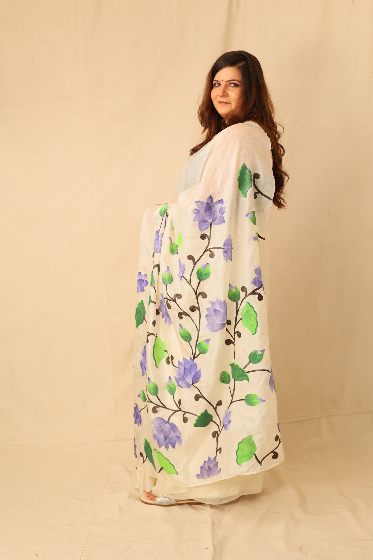 Blue lotus floral hand painted pure tusser silk white saree