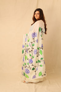 Thumbnail for Blue lotus floral hand painted pure tusser silk white saree