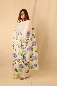 Thumbnail for Blue lotus floral hand painted pure tusser silk white saree
