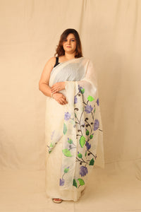 Thumbnail for Blue lotus floral hand painted pure tusser silk white saree