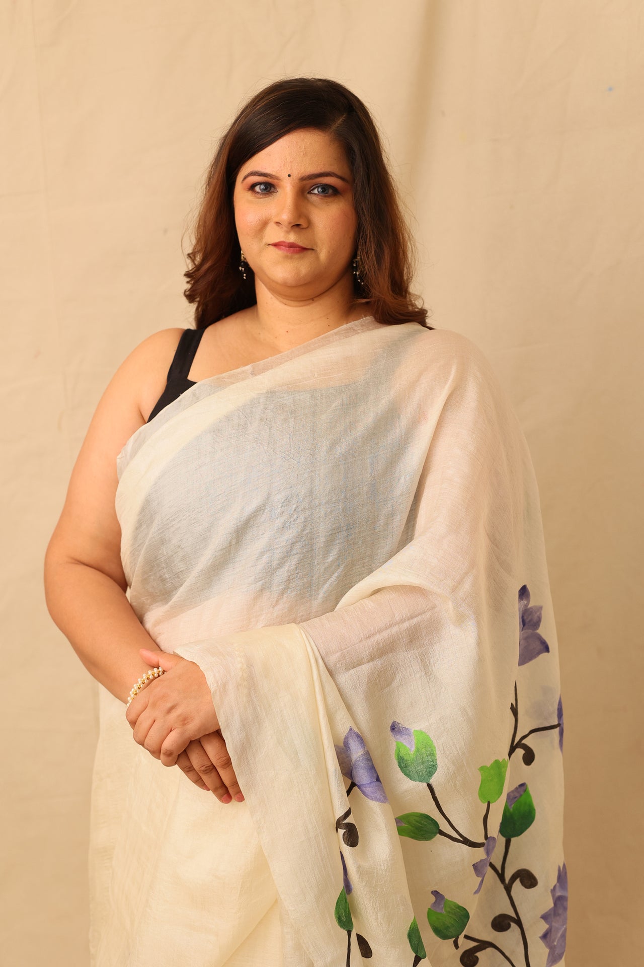 Blue lotus floral hand painted pure tusser silk white saree