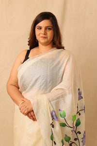 Thumbnail for Blue lotus floral hand painted pure tusser silk white saree