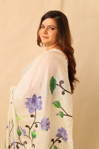 Thumbnail for Blue lotus floral hand painted pure tusser silk white saree