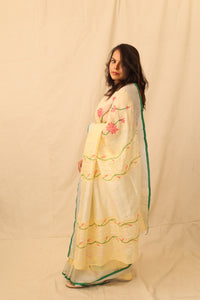 Thumbnail for Lotus Floral Elegance Hand painted Yellow Linen Saree