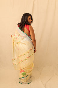 Thumbnail for Lotus Floral Elegance Hand painted Yellow Linen Saree