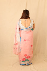 Thumbnail for pink Lotus Bloom Hand-painted Pink linen Saree