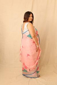 Thumbnail for pink Lotus Bloom Hand-painted Pink linen Saree