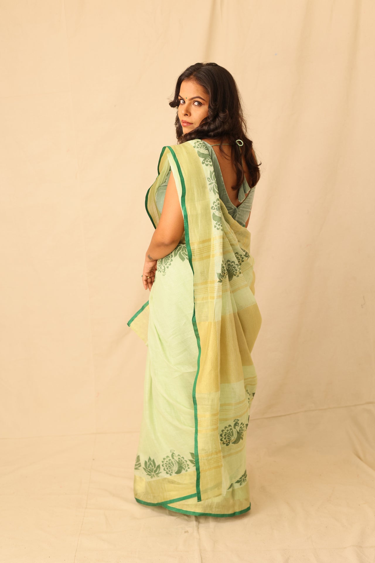 Bright Lime Color Hand-Stencil Printed Linen Saree