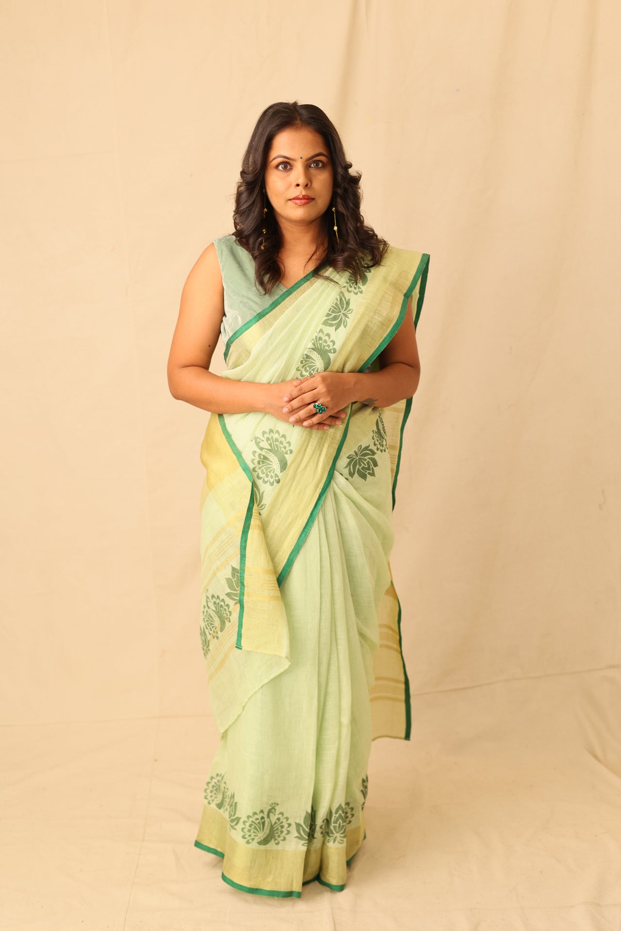 Bright Lime Color Hand-Stencil Printed Linen Saree