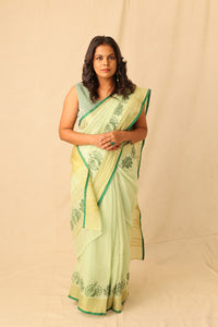 Thumbnail for Bright Lime Color Hand-Stencil Printed Linen Saree