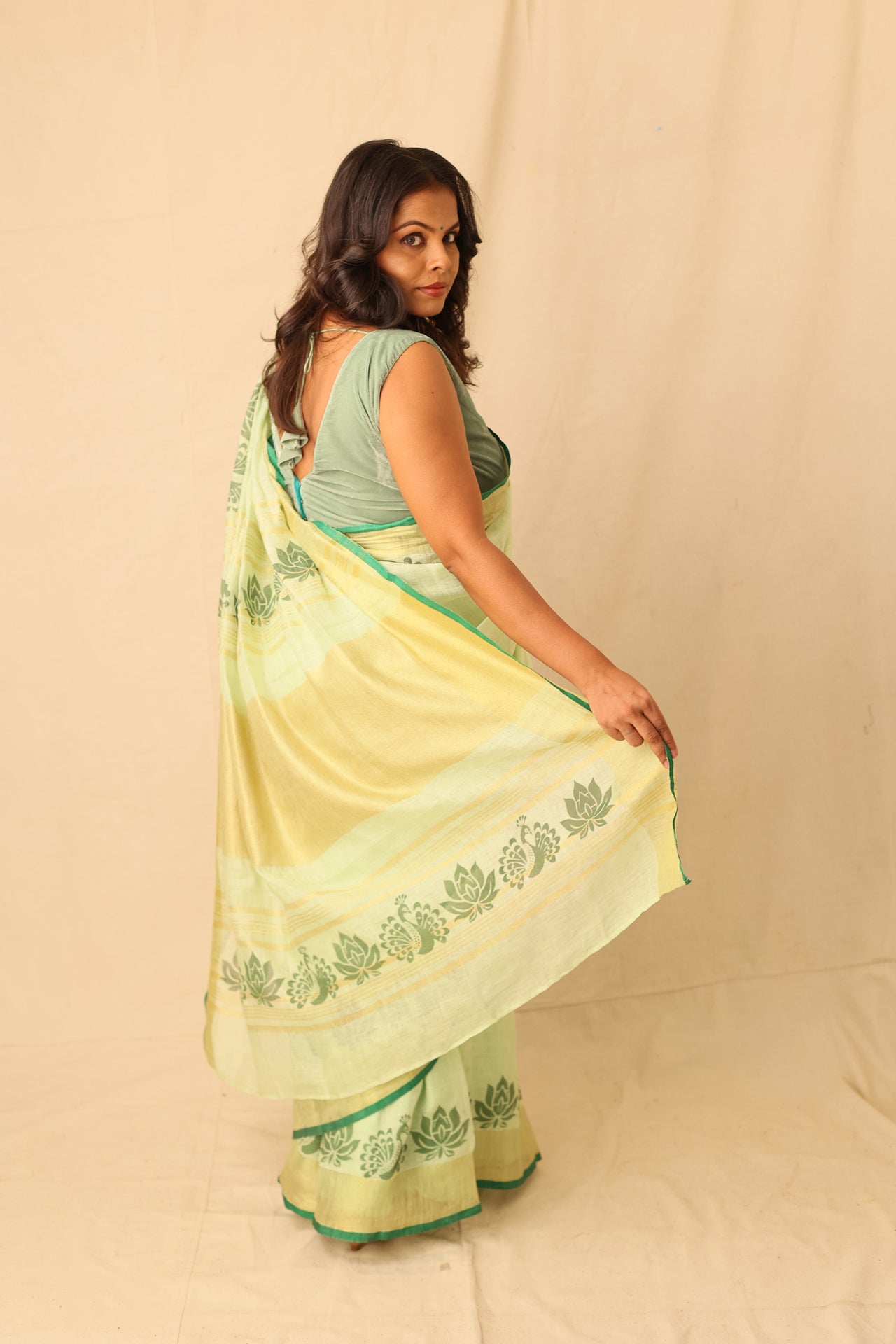 Bright Lime Color Hand-Stencil Printed Linen Saree