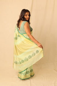 Thumbnail for Bright Lime Color Hand-Stencil Printed Linen Saree