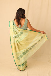 Thumbnail for Bright Lime Color Hand-Stencil Printed Linen Saree