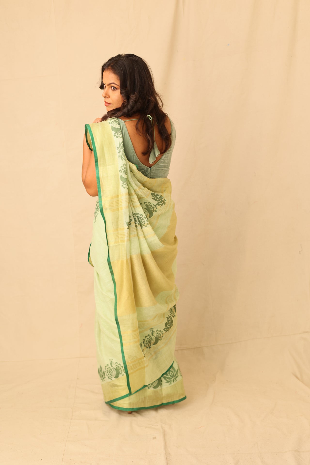Bright Lime Color Hand-Stencil Printed Linen Saree