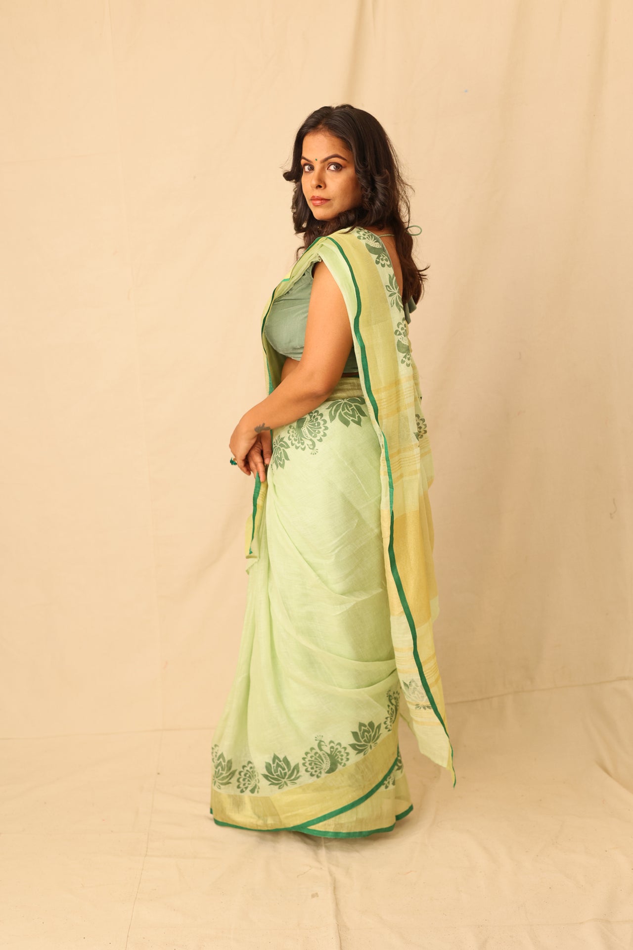 Bright Lime Color Hand-Stencil Printed Linen Saree