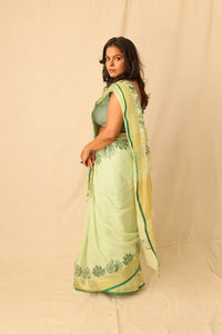 Thumbnail for Bright Lime Color Hand-Stencil Printed Linen Saree