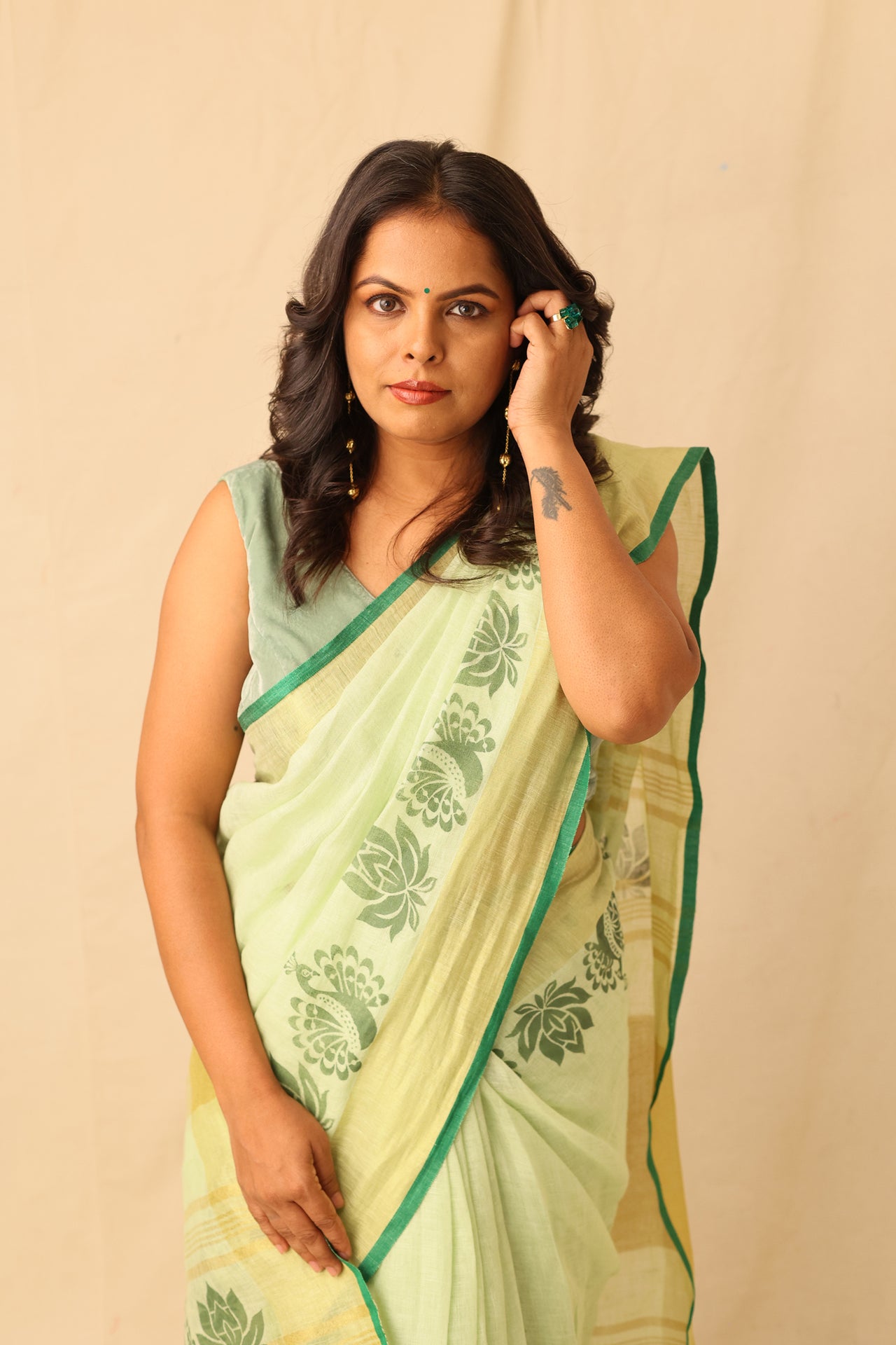 Bright Lime Color Hand-Stencil Printed Linen Saree