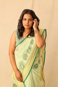 Thumbnail for Bright Lime Color Hand-Stencil Printed Linen Saree