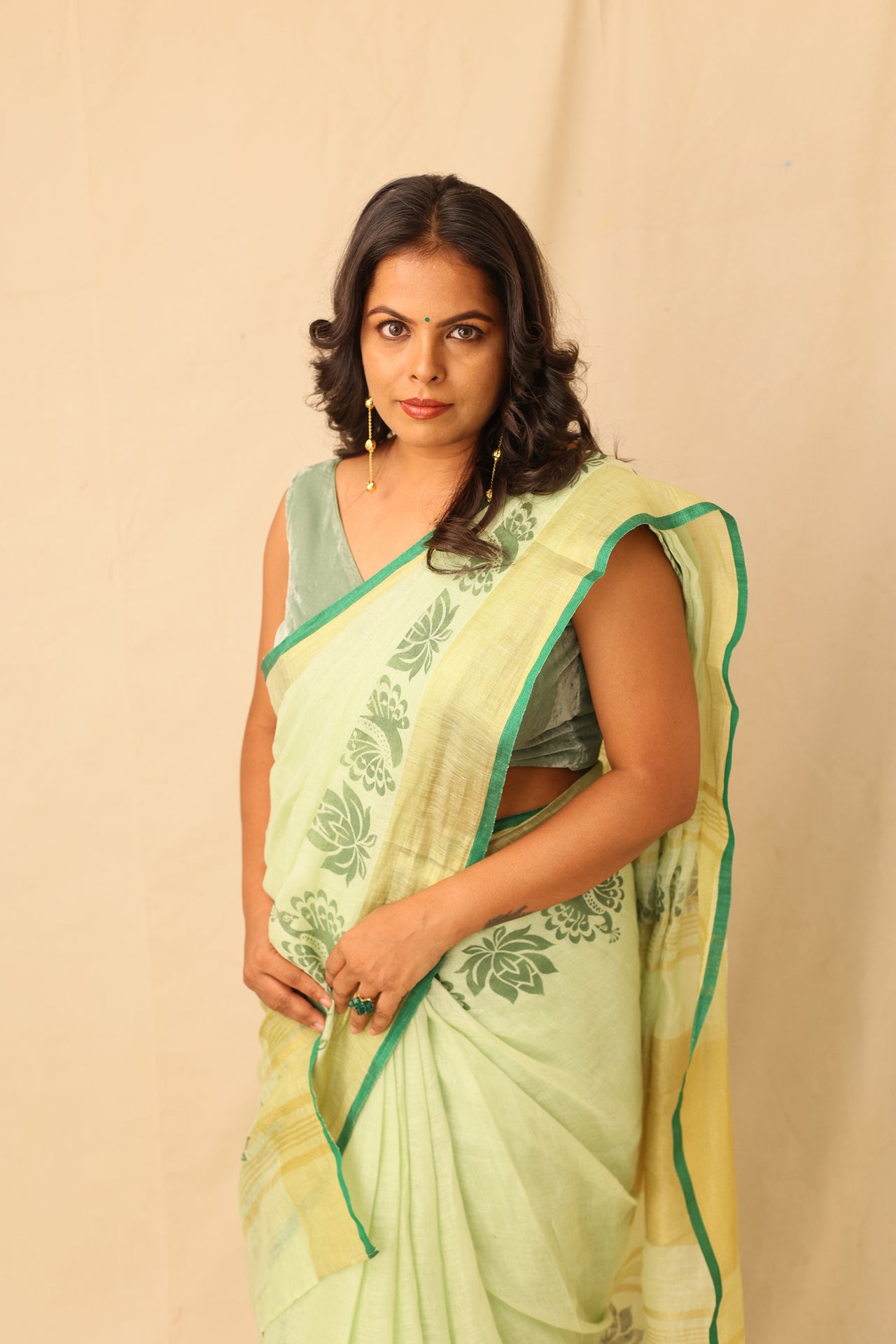 Bright Lime Color Hand-Stencil Printed Linen Saree
