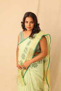 Thumbnail for Bright Lime Color Hand-Stencil Printed Linen Saree