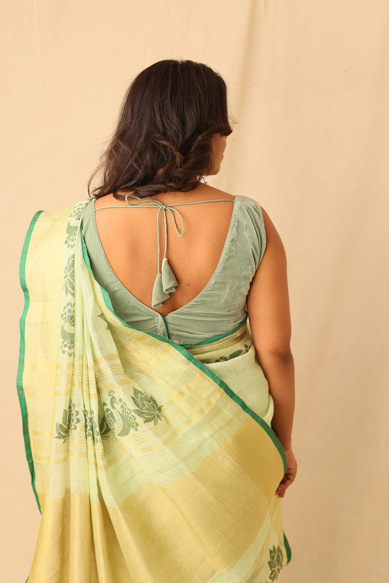 Bright Lime Color Hand-Stencil Printed Linen Saree