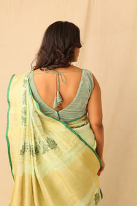 Thumbnail for Bright Lime Color Hand-Stencil Printed Linen Saree