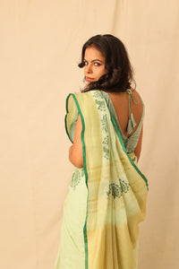 Thumbnail for Bright Lime Color Hand-Stencil Printed Linen Saree