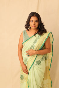 Thumbnail for Bright Lime Color Hand-Stencil Printed Linen Saree