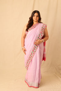 Thumbnail for Embroidered Linen Saree with Floral Silver Zari Border
