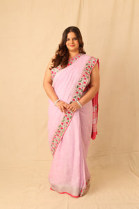 Thumbnail for Embroidered Linen Saree with Floral Silver Zari Border