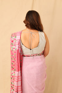 Thumbnail for Embroidered Linen Saree with Floral Silver Zari Border