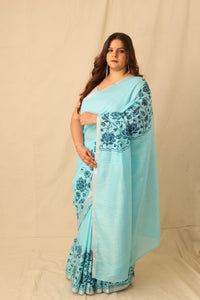 Thumbnail for Bright Color Big lotus Border Design Hand-Stencil Printed Pure Slub Cotton Saree