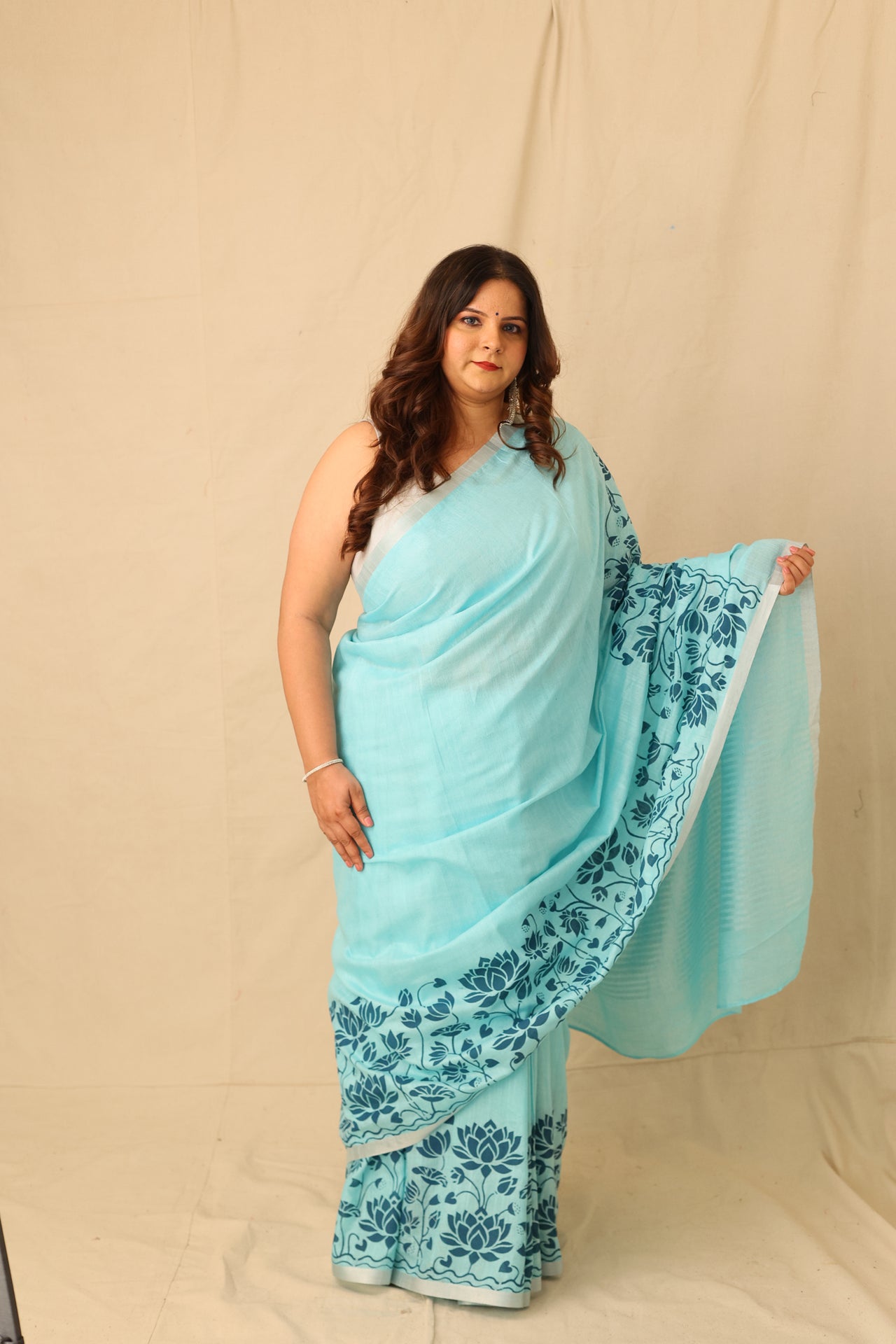 Bright Color Big lotus Border Design Hand-Stencil Printed Pure Slub Cotton Saree