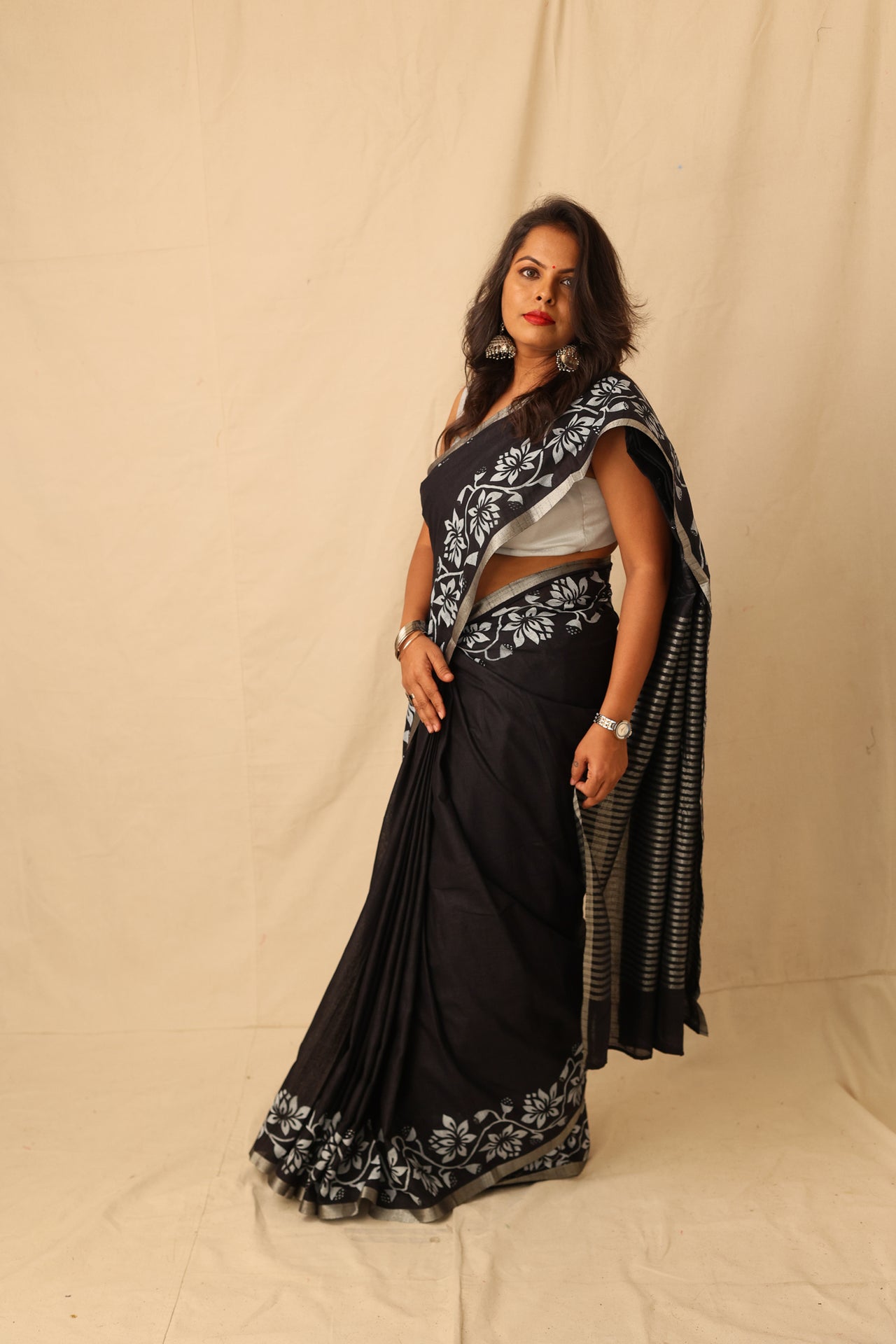 Striking Black With White Hand-Stencil Printed Pure Slub Cotton Saree