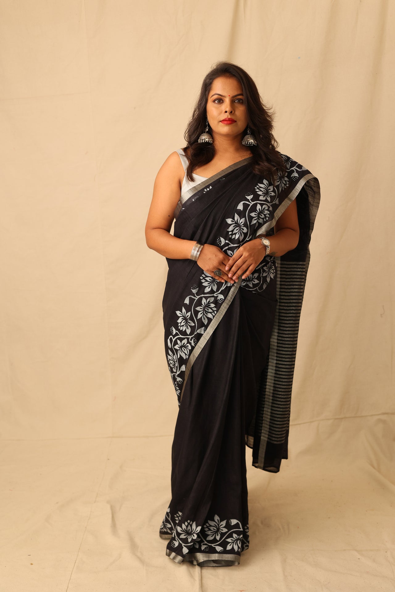 Striking Black With White Hand-Stencil Printed Pure Slub Cotton Saree