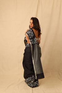 Thumbnail for Striking Black With White Hand-Stencil Printed Pure Slub Cotton Saree