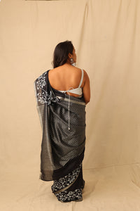 Thumbnail for Striking Black With White Hand-Stencil Printed Pure Slub Cotton Saree