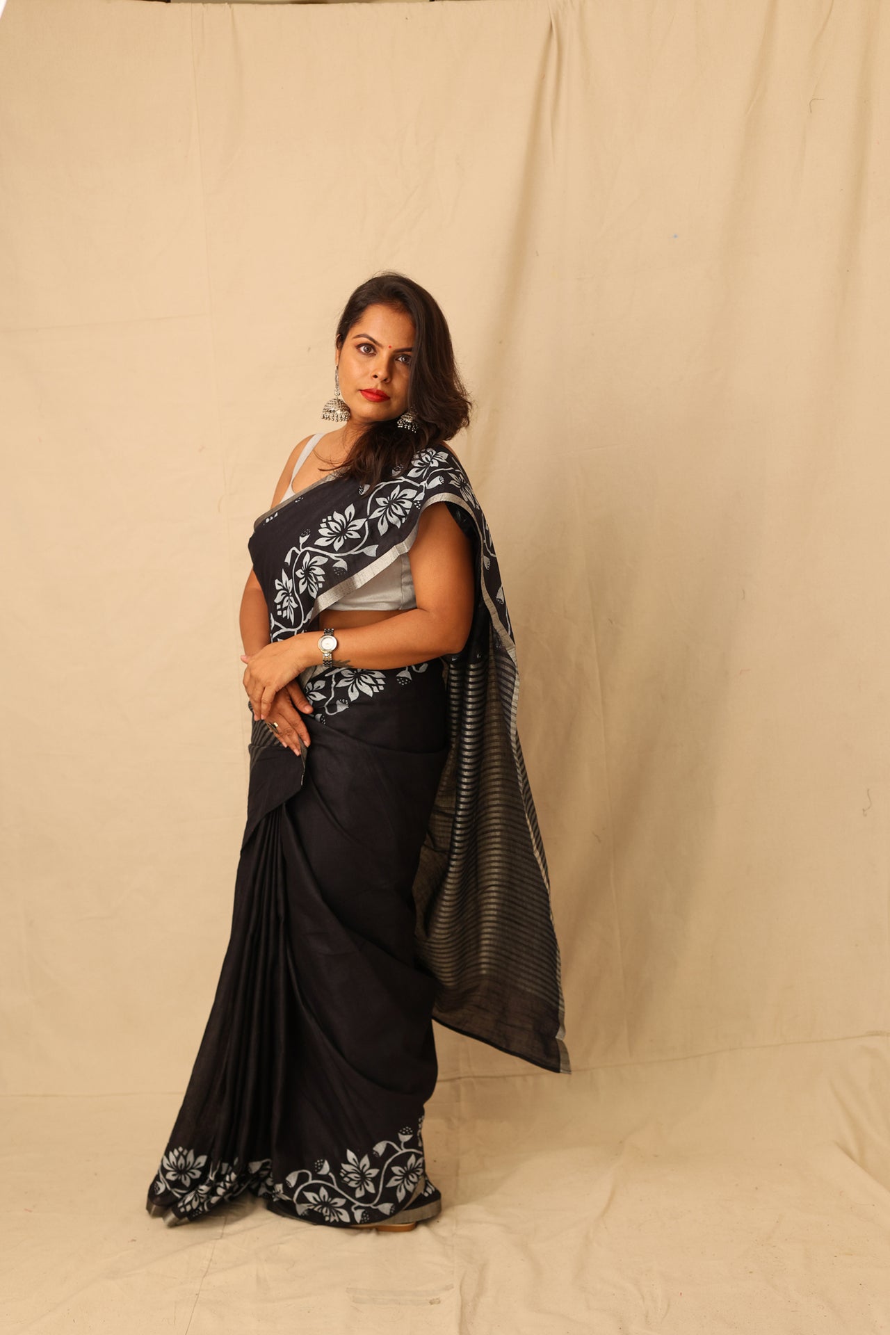 Striking Black With White Hand-Stencil Printed Pure Slub Cotton Saree