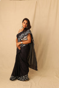 Thumbnail for Striking Black With White Hand-Stencil Printed Pure Slub Cotton Saree