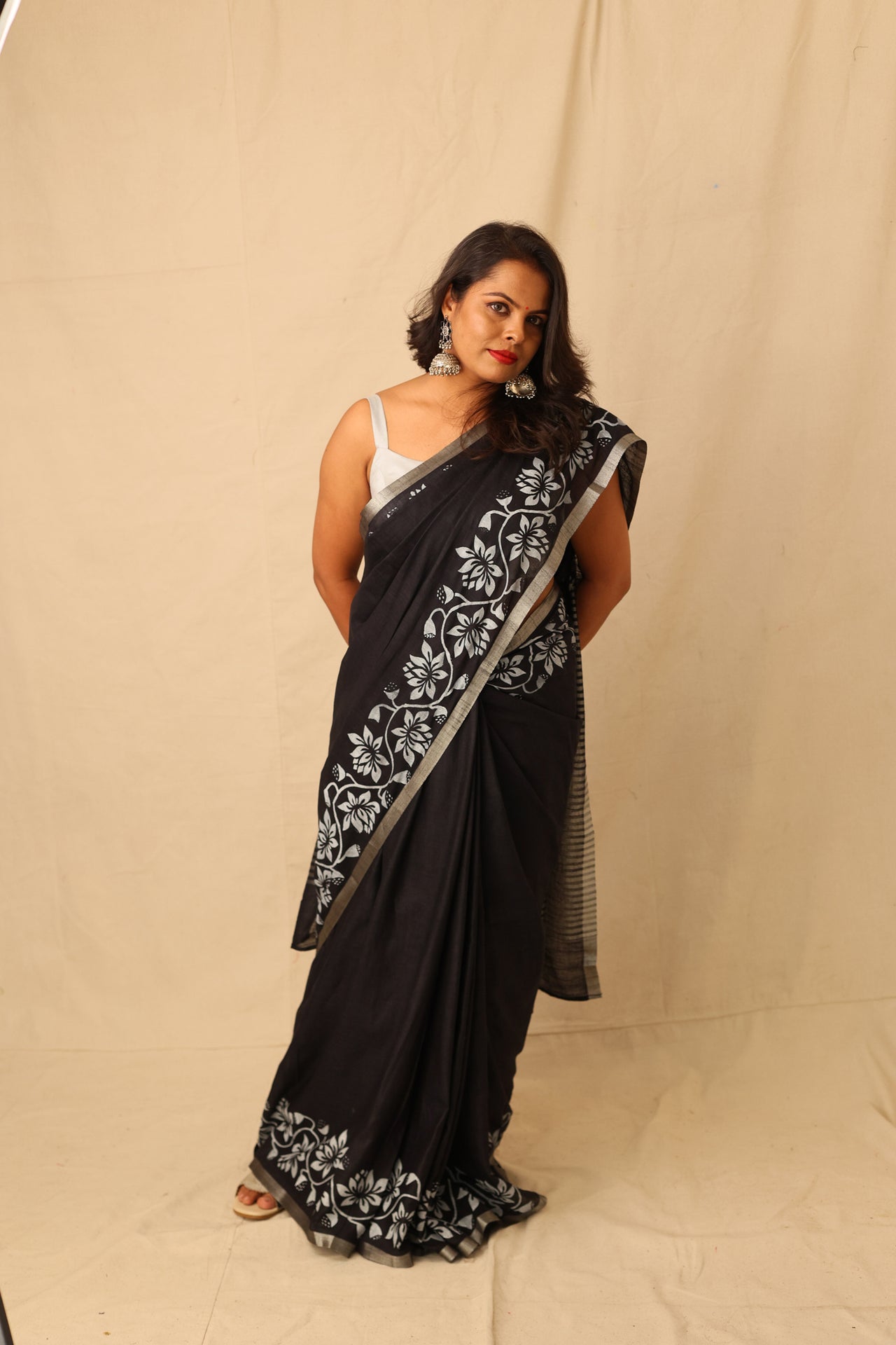 Striking Black With White Hand-Stencil Printed Pure Slub Cotton Saree