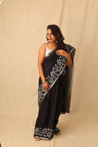 Thumbnail for Striking Black With White Hand-Stencil Printed Pure Slub Cotton Saree