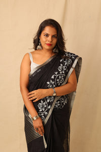Thumbnail for Striking Black With White Hand-Stencil Printed Pure Slub Cotton Saree