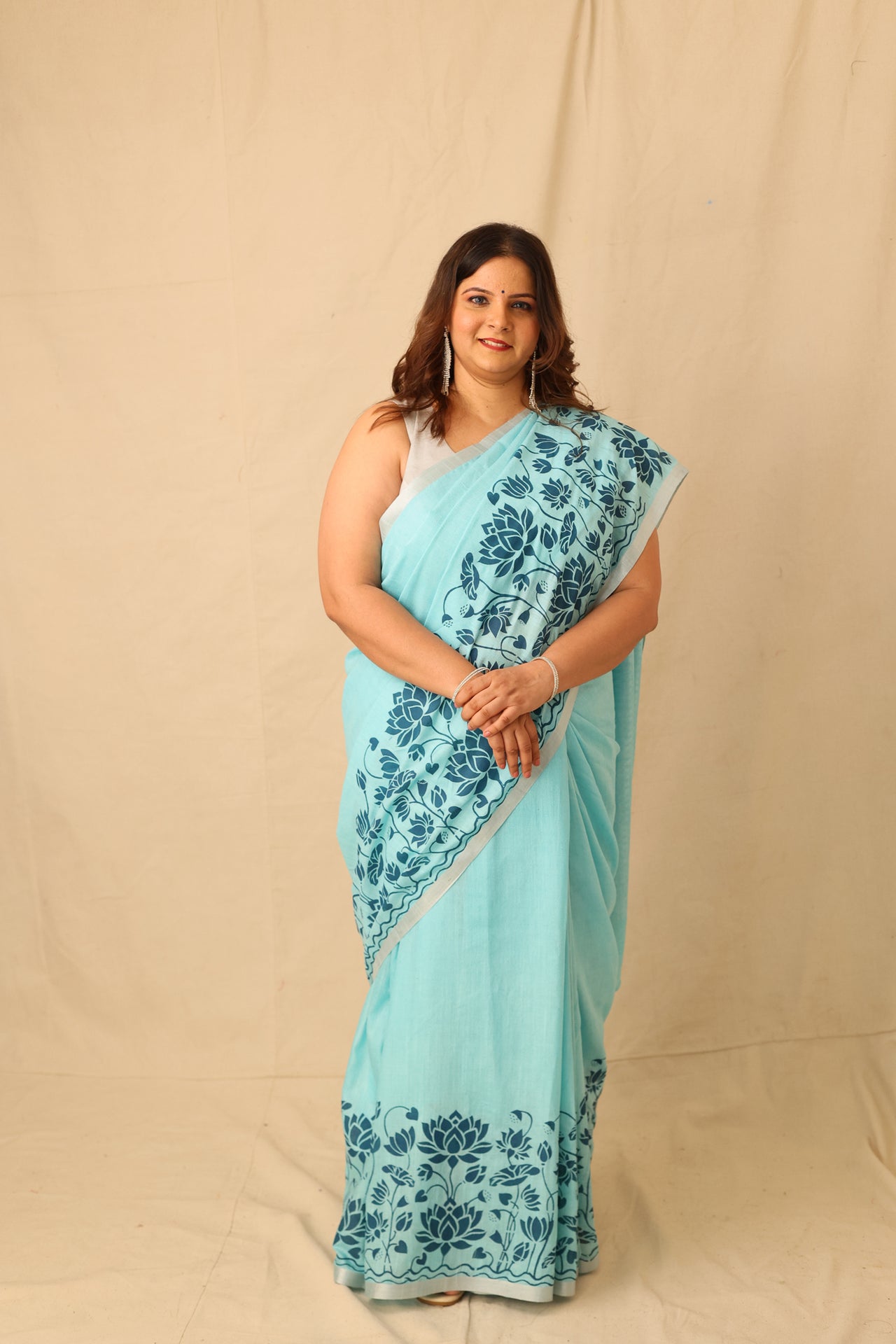 Bright Color Big lotus Border Design Hand-Stencil Printed Pure Slub Cotton Saree