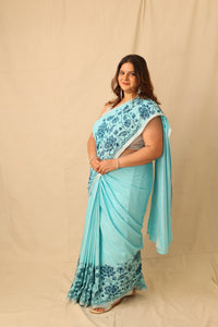 Thumbnail for Bright Color Big lotus Border Design Hand-Stencil Printed Pure Slub Cotton Saree