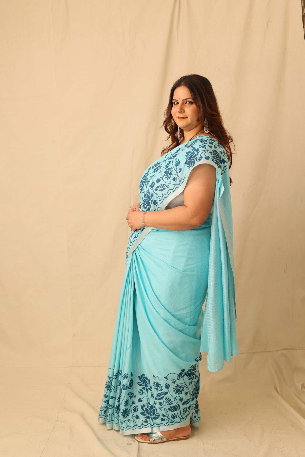 Bright Color Big lotus Border Design Hand-Stencil Printed Pure Slub Cotton Saree