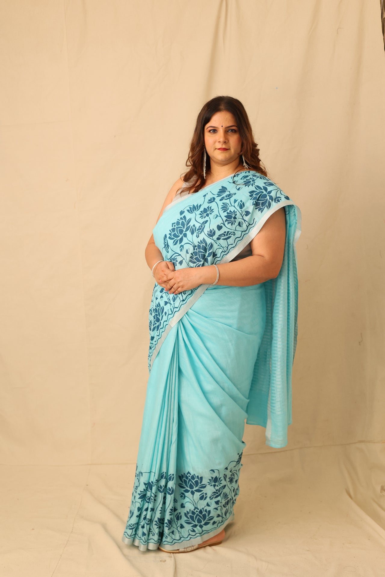 Bright Color Big lotus Border Design Hand-Stencil Printed Pure Slub Cotton Saree