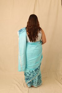 Thumbnail for Bright Color Big lotus Border Design Hand-Stencil Printed Pure Slub Cotton Saree